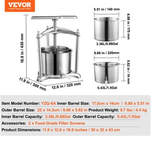 Πρέσα Φρούτων VEVOR 6L, Χειροκίνητη για Χυμούς & Λάδι  TSGJYZJBXG6L26ASIV0