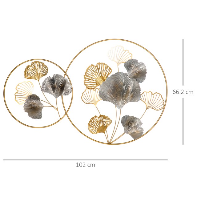 HOMCOM 3D Μεταλλική Διακόσμηση Τοίχων, Golden Ginkgo Wall Art σε δύο στρογγυλά πλαίσια, 138x70cm, χρυσό και ασήμι 830-652V00MX
