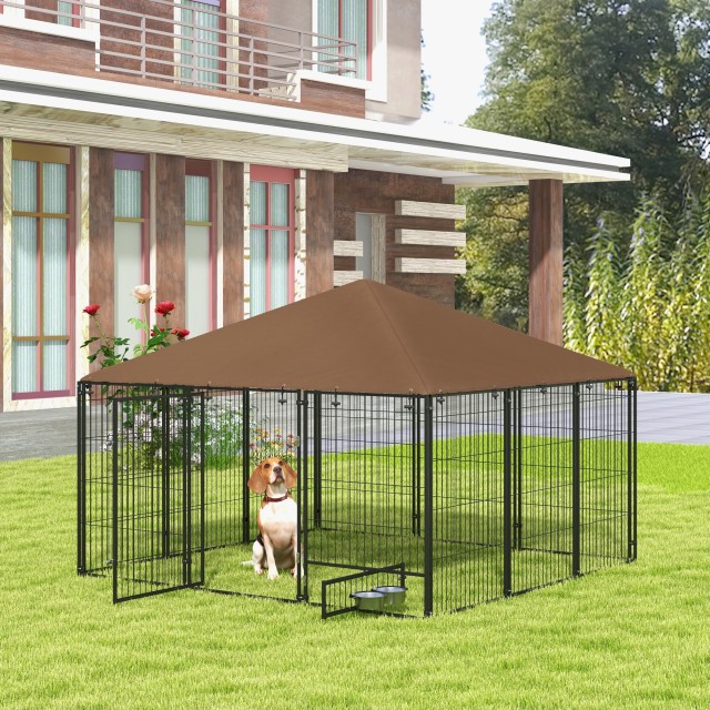 Dog Run από μέταλλο και ύφασμα Oxford με πόρτα για μπολ, 211x211x151 cm, μαύρο και καφέ D02-057V03CF
