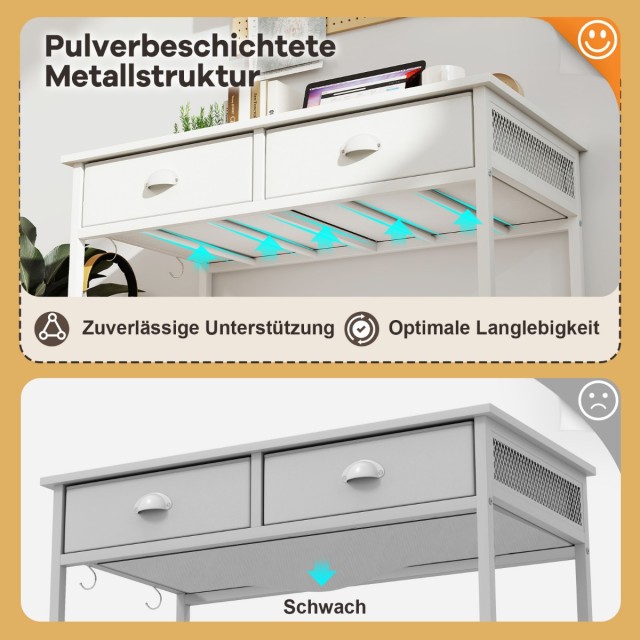 Μικρό Λευκό Γραφείο με 2 Υφασμάτινα Συρτάρια, 4 Γάντζους και Μεταλλ...