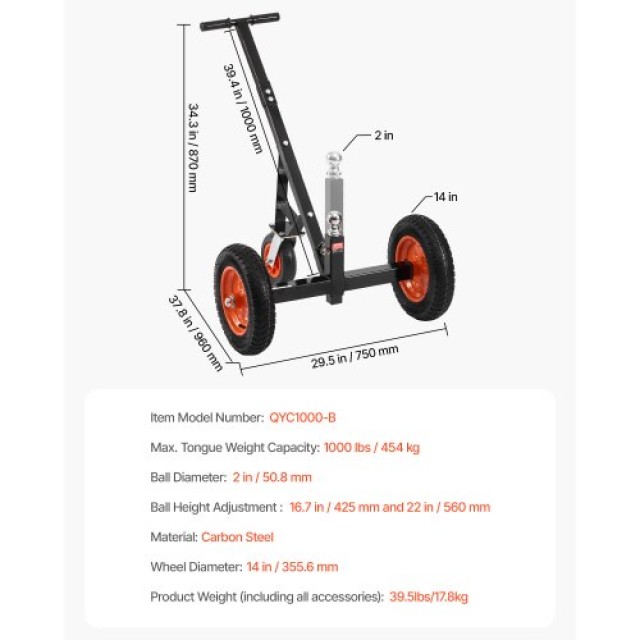 VEVOR Ρυμουλκούμενο Καρότσι 1000lbs, Ρυθμιζόμενο Ύψος 16.7-22 in, Μπάλα 2 in, Ελαστικά 14 in TYSDQYC1000BJMKIYV0