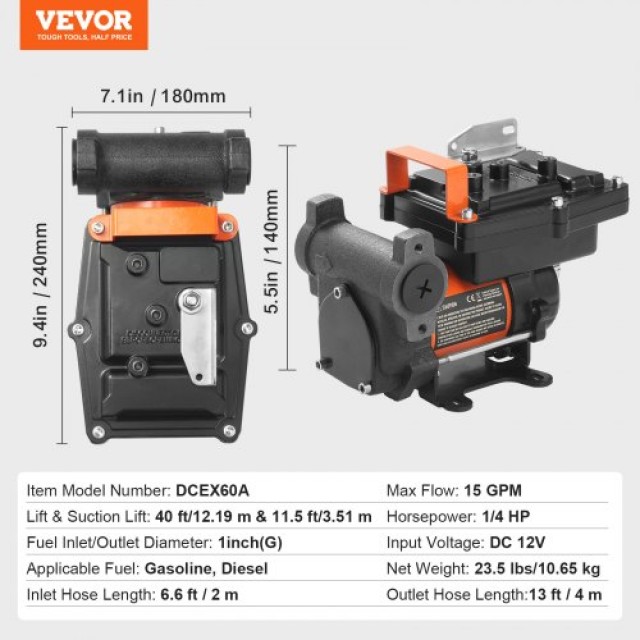 VEVOR  Αντλία Μεταφοράς Καυσίμου 12V 15 GPM 1/4 HP με Αυτόματο Ακροφύσιο Πετρελαίου FBBMG15GPM14E8RUQV9