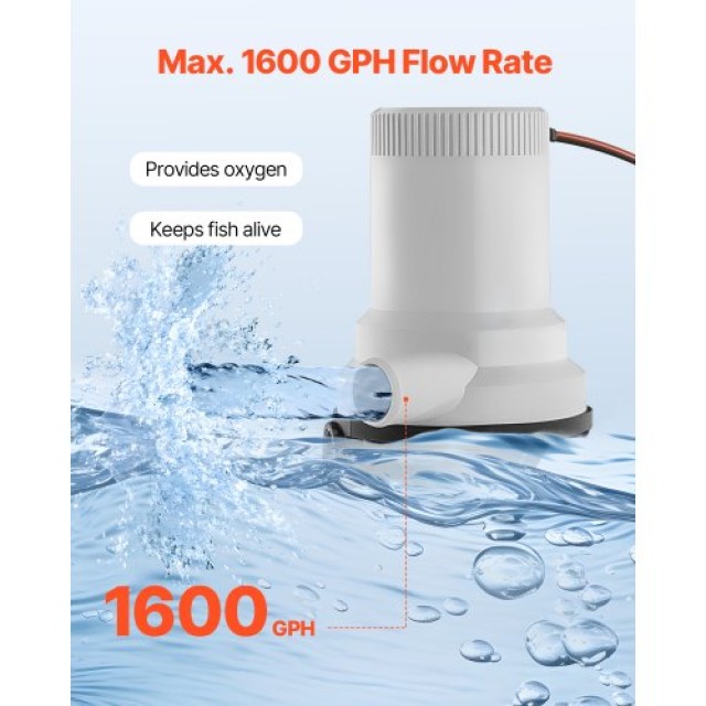 VEVOR Αντλία Ζωντανού Δολώματος Σκάφους 12V 1600GPH με 2 Εισόδους C...