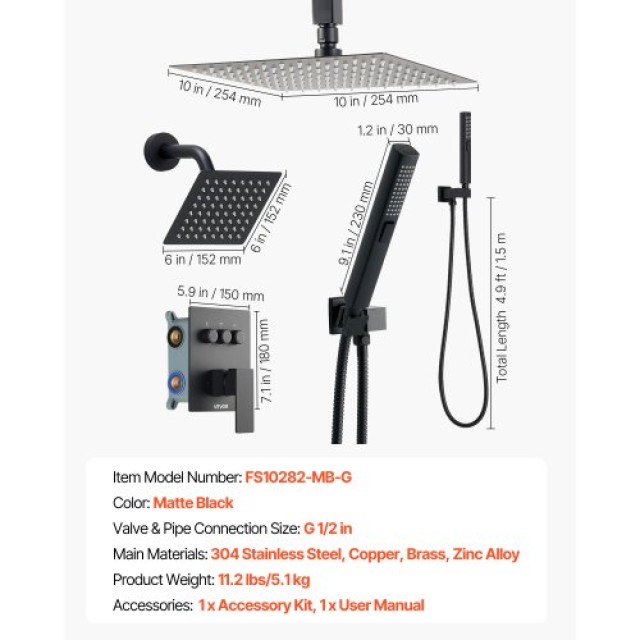 VEVOR Σετ Ντους με Ροή Βροχής, Οροφή 254 mm και Κεφαλή Τοίχου 152 m...