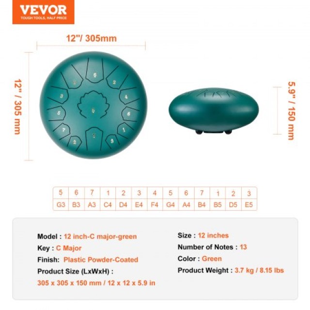 VEVOR  Ατσάλινο Τύμπανο 12 13 Νότες C Μείζονα Πράσινο  GSGGSG12INCH...