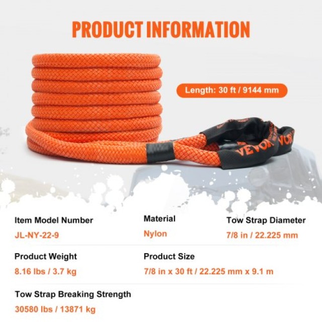 Σχοινί Ανάκτησης VEVOR 7/8 x 30 30580lbs με 2 Μαλακούς Συνδέσμους 4...