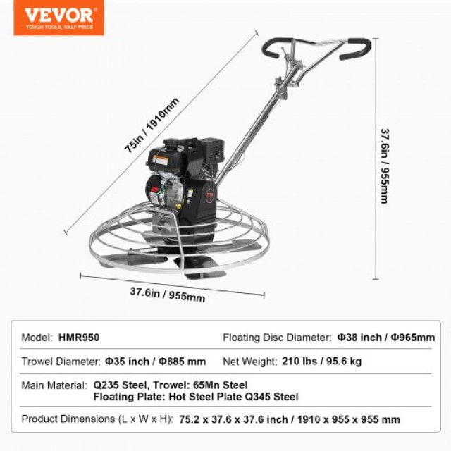 VEVOR Βενζινοκίνητο Σπάτουλα Τσιμέντου 38 6HP με Πλωτή Λεπίδα  DLMDJS36INCHFI9LMV0