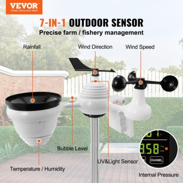 VEVOR 7-σε-1 Wi-Fi Μετεωρολογικός Σταθμός με Έγχρωμη Οθόνη 7.5, Αισθητήρας Εξωτερικού Χώρου με Ηλιακή Ενέργεια, Ειδοποιήσεις Συναγερμού  TYNQ75VAWIFI7T9PDV2