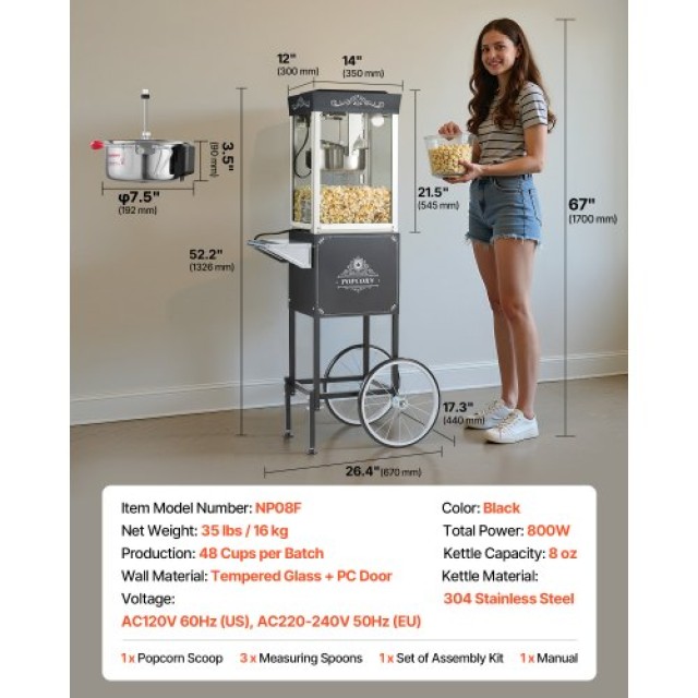 VEVOR Μηχανή Παραγωγής Ποπκόρν με Καρότσι 800W Μαύρο CSBMHJHS8OZWX2...