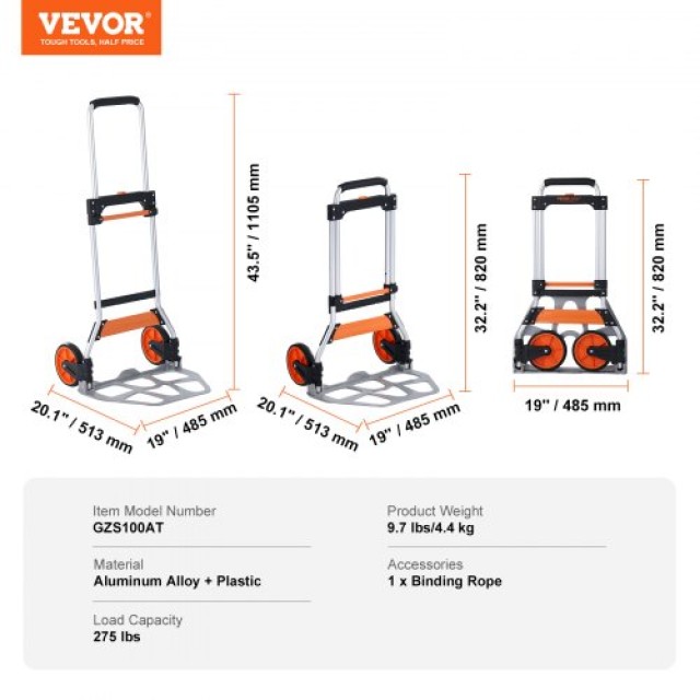 VEVOR Πτυσσόμενο Καρότσι, 125kg, Αλουμινίου, Μετατρέψιμο Χειροκίνητ...