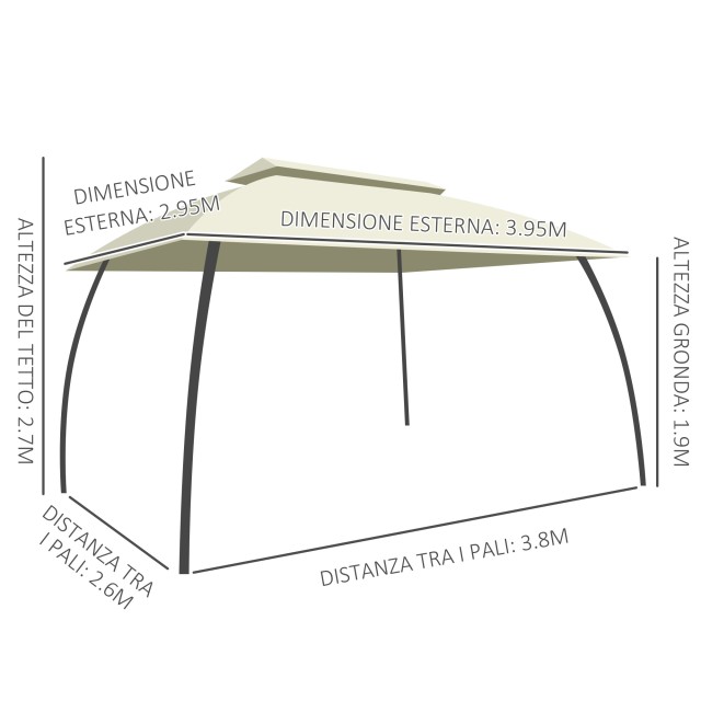 Outsunny Garden Gazebo 3,95x2,95m με διπλή οροφή, τοίχους από πολυεστέρα και 8 ατσάλινα μανταλάκια, μπεζ 84C-305CW