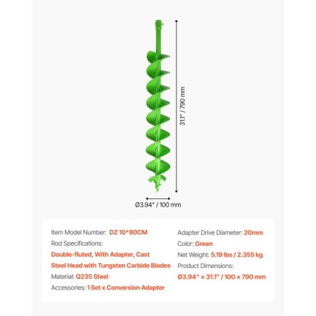 VEVOR Τρυπάνι Γης 3.94 x 31.1 in για Φυτεύσεις και Τρύπες Στύλων LX...