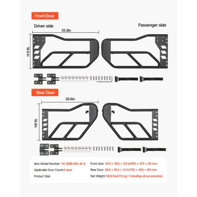 VEVOR Τετράθυρες Σωληνωτές Πόρτες Jeep για Wrangler JK 2007-2018 JPCGM4M0718JCFINCV0