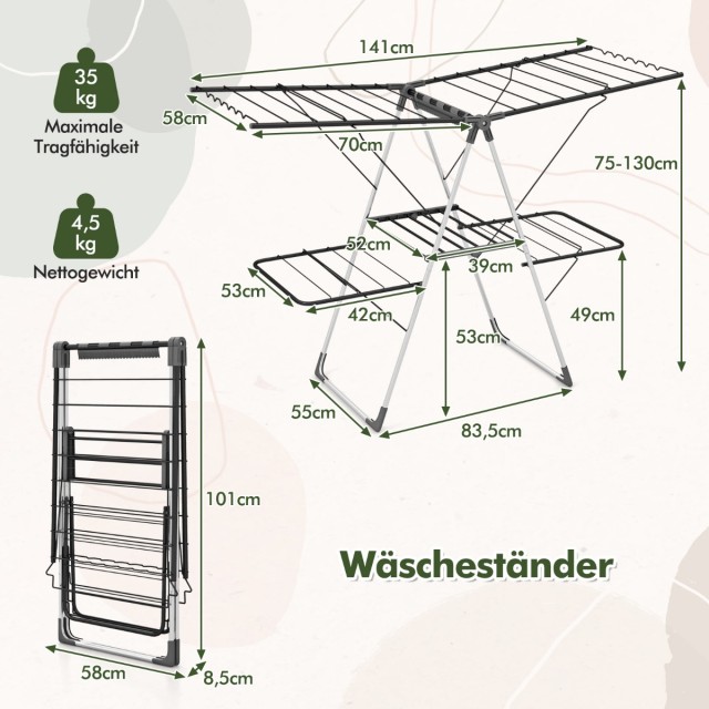 Costway Πολυλειτουργική Απλώστρα Ρούχων με Ρυθμιζόμενα Φτερά και Στ... Costway Πολυλειτουργική Απλώστρα Ρούχων με Ρυθμιζόμενα Φτερά και Στ...
