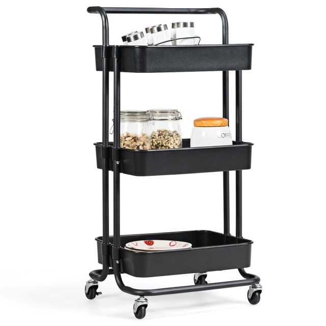 Costway Πολυλειτουργικό Καρότσι Αποθήκευσης με 3 Ράφια σε Μαύρο/Λευ...