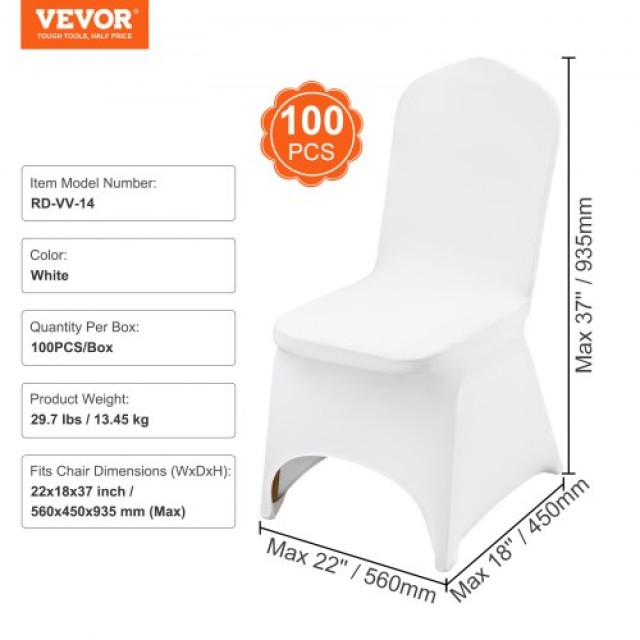 VEVOR  100 Καλύμματα Καρεκλών Λευκά Spandex Lycra για Γάμο/Πάρτι 100PCSGXBSYT00001V0