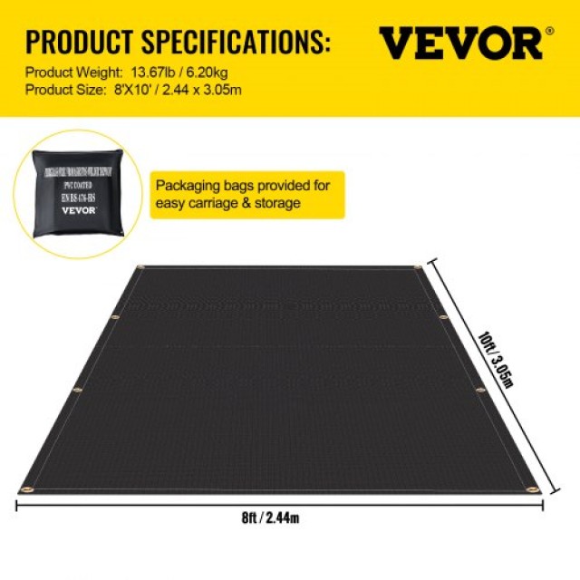 Κουβέρτες Πυρόσβεσης VEVOR, Σετ 2, 8 x 10, Ανθεκτικές έως 1022°F, Μαύρες, με 12 Ορειχάλκινες Οπές  HTHSJBDD8X1026ZRCV0