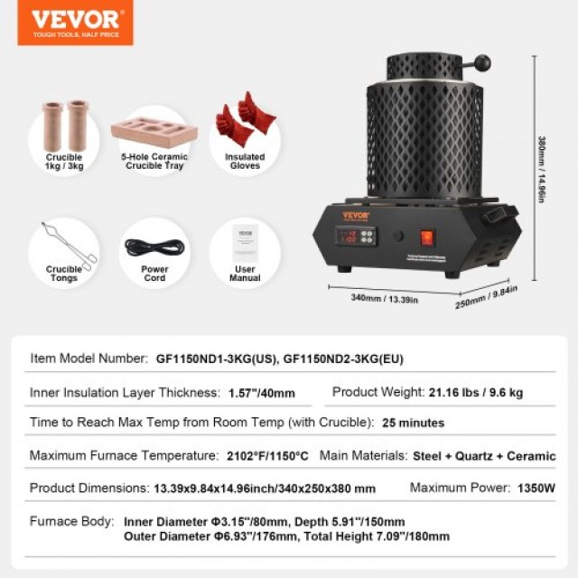 VEVOR Ηλεκτρικός Κλίβανος Τήξης Μετάλλων 1350W, 1150°C με Ψηφιακό Έ...