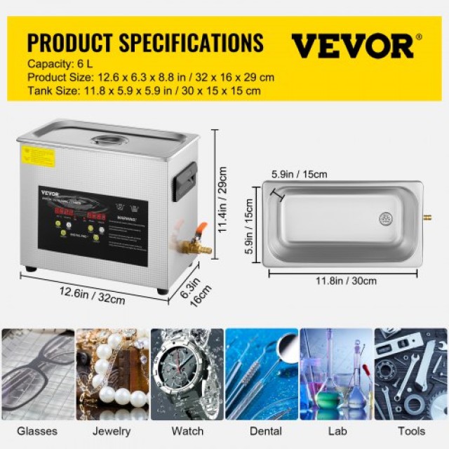 VEVOR 6L Ψηφιακός Υπερηχητικός Καθαριστής 400W Κοσμήματα Γυαλιά  QX...