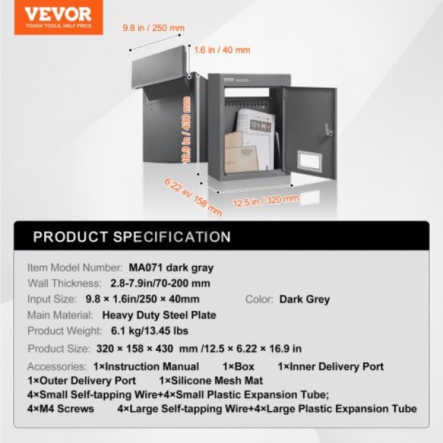 VEVOR Θυρίδα Τοίχου 12.5x6.3x16.9 με Κωδικό Κλείδωμα Σκούρο Γκρι  C...