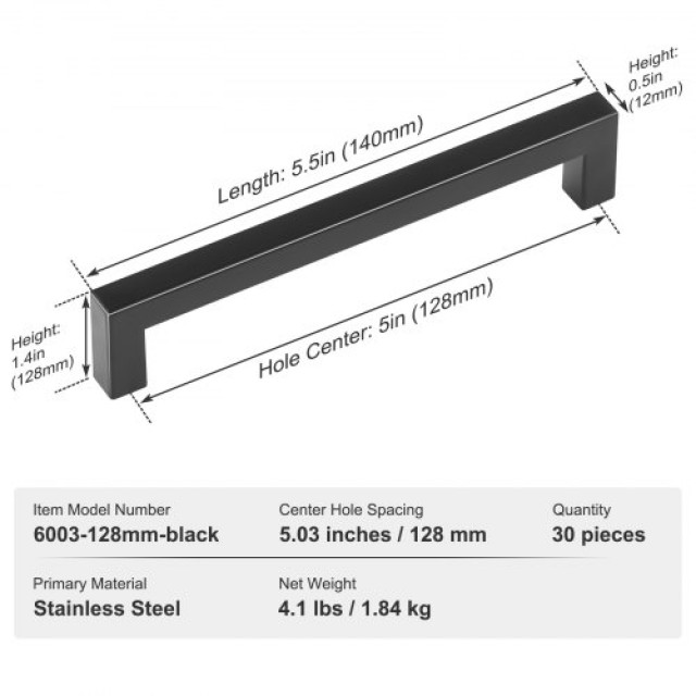 VEVOR 30τμχ Μαύρα Ματ Χερούλια Ντουλαπιών 128mm  CJLSBXGPS30PUQTF9V0