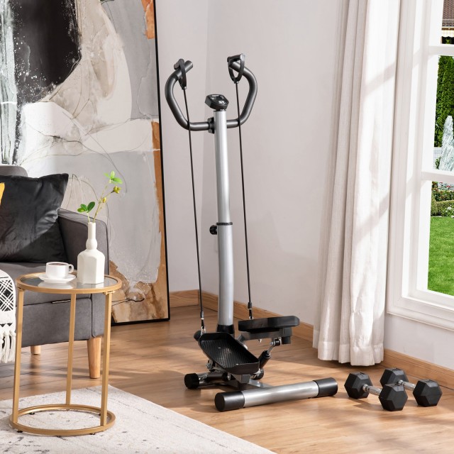 HOMCOM Stepper με ρυθμιζόμενο τιμόνι, οθόνη LCD και λαστιχάκια, 55x53x118-128cm, μαύρο A90-279V01SR