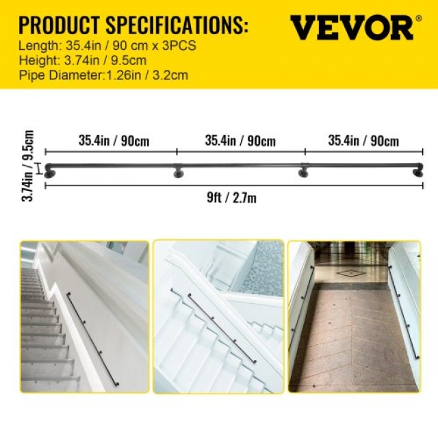 VEVOR Χειρολισθήρας Σκάλας 9FT, 440LBS, Βιομηχανικός Χειρολισθήρας από Χάλυβα για Εσωτερικό/Εξωτερικό Χώρο  TZBGSLTFSGYG9VDEUV0