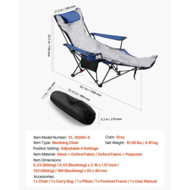 VEVOR Πτυσσόμενη Καρέκλα Camping με 4 Θέσεις Kλίσης και Υποπόδιο, Α...