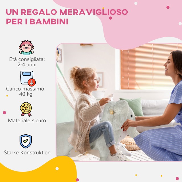 AIYAPLAY  Κουνιστό Άλογο για Παιδιά 2-4 Ετών σε Σχήμα Ελέφαντα με Ήχους και Μαλακή Επένδυση, Γκρι  330-177V00GY