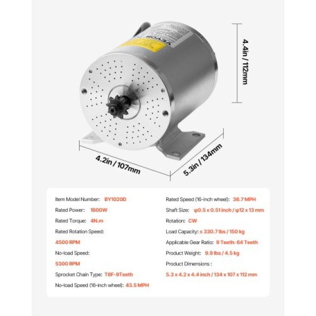 VEVOR Ηλεκτρικός Κινητήρας 1800W Brushless DC 48V 4500rpm για Ηλεκτρικό Ποδήλατο και Μοτοσικλέτα Off-Road ZLWSDJTJ1800MU0S6V9