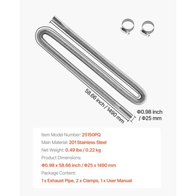 VEVOR Εύκαμπτος Σωλήνας Καυσαερίων Inox 1490mm με Σφιγκτήρες για DS...
