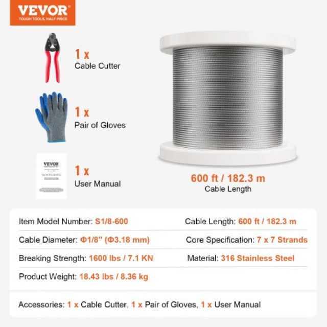 VEVOR  Καλώδιο Ανοξείδωτο T316 1/8 7x7 600ft για Κάγκελα BXGGSSBXG3160WC09V0