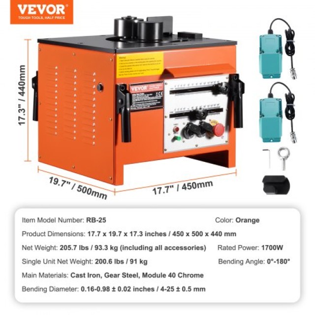 VEVOR  Ηλεκτρική Μηχανή Κάμψης Οπλισμού 1700W 3 Γωνιών έως 25mm TSD...