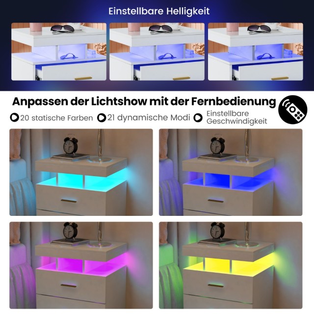 Costway Λευκό Κομοδίνο με LED Φωτισμό  50 x 40 x 58 cm  και 2 Συρτά...