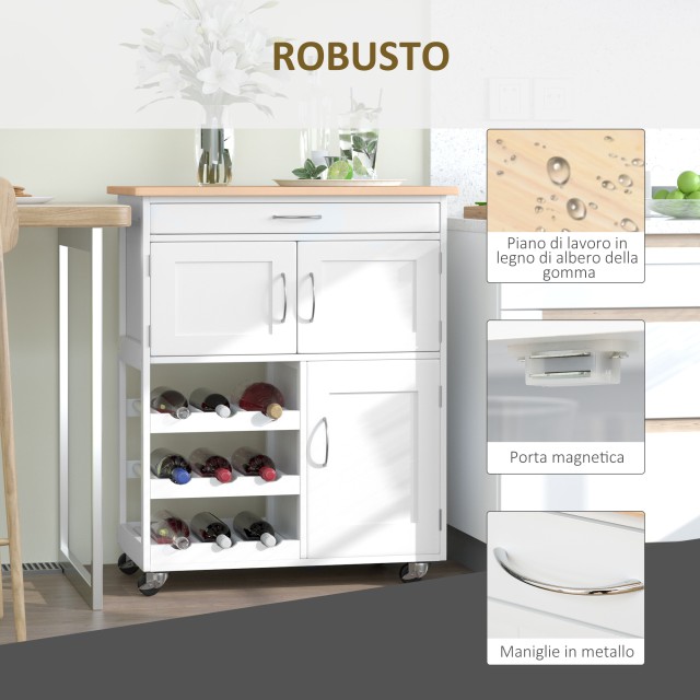 HOMCOM White Wood Kitchen Cart food with Bottle Rack 1 συρτάρι και 3 πόρτες, 67x37x87cm 801-179