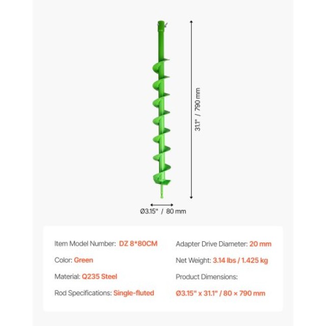 VEVOR Τρυπάνι Γεωτρήσεων Σπειροειδές 3.15 x 31.1 ιντσών για Άνοιγμα...