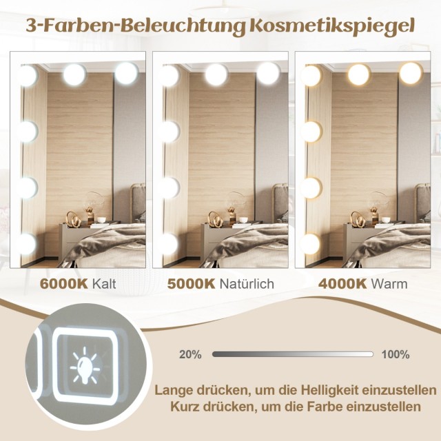 Costway Καθρέφτης Μακιγιάζ Hollywood με Φωτισμό, USB & Bluetooth, 58 x 46 cm, Λευκός HU10708DE