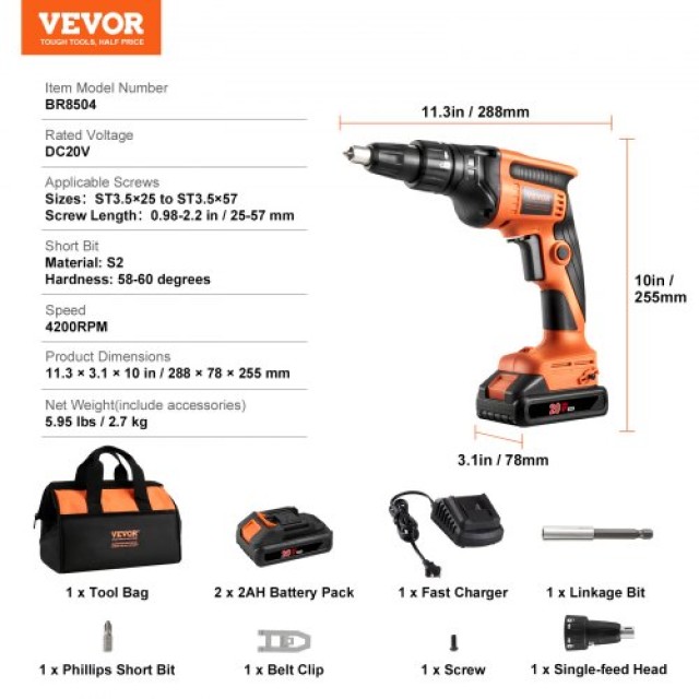 VEVOR Κατσαβίδι Γυψοσανίδας 20V, 4200RPM, Ασύρματο με 2 Μπαταρίες, ...
