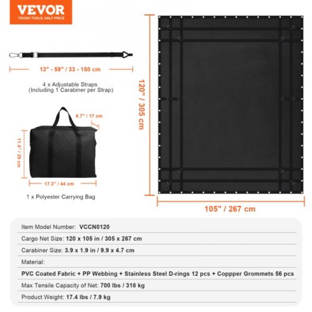 VEVOR  Βαρύ Καθαρό Φορτίο 120 x 105 Ρυθμιζόμενες Πόρπες & S-Γάντζοι  HWGDWYMESHYFSTOU0V0