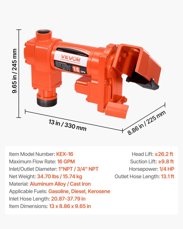 VEVOR Αντλία Μεταφοράς Καυσίμου 61L/min 1/4 HP 12V DC με Χειροκίνητ...