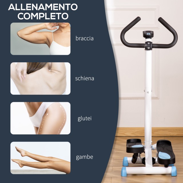 HOMCOM Stepper με τιμόνι, οθόνη LCD και αντιολισθητικά πετάλια, 55x44x108 εκ., λευκό και μπλε A90-263BU