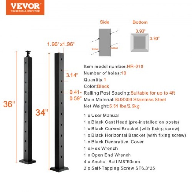 Κολόνα Κάγκελου VEVOR 36x2x2in 30° Μαύρη 1τμχ  1JZLGZ91455HV8GHUV0