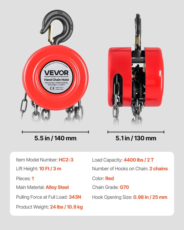 VEVOR Χειροκίνητος Ανυψωτήρας Αλυσίδας 2 Τόνων, Ύψος 3 μ, Κόκκινο Y...