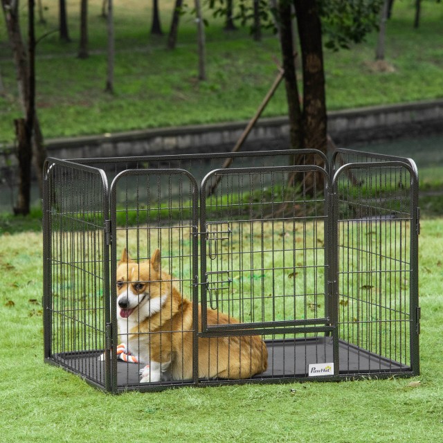 PawHut Dog Παρκοκρέβατο Μεταλλικός φράχτης για κατοικίδια με 4 πάνελ, διπλή πόρτα κλειδώματος και κάτω δίσκος, 109x74x71cm, γκρι D06-138