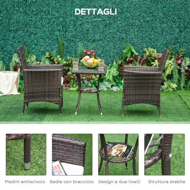 Outsunny Σετ Πολυθρόνες Κήπου σε Rattan με Τραπεζάκι Σαλονιού, Καφέ 863-027BN
