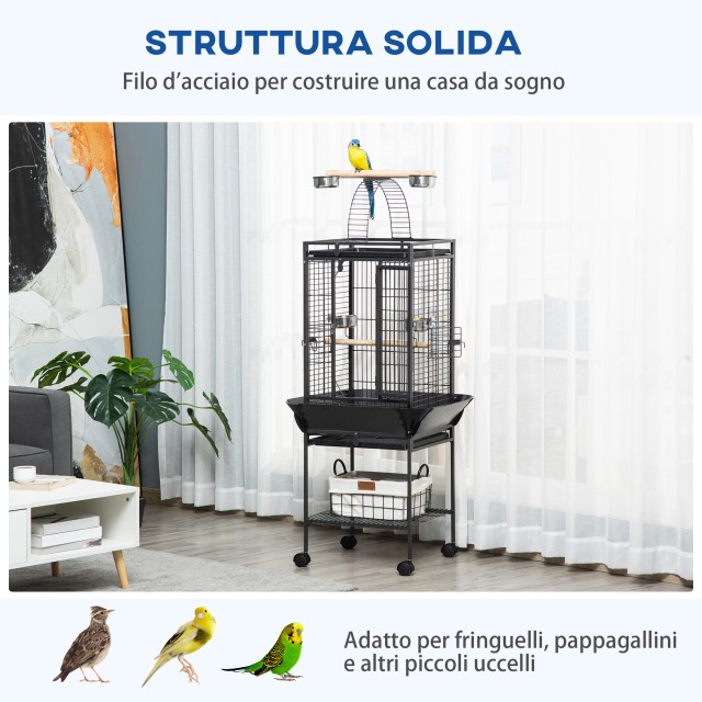PawHut Budgie Cage with 2 Perches and Arched Ladder, Ατσάλι, 62,5x62,5x156 cm, Γκρι D10-068