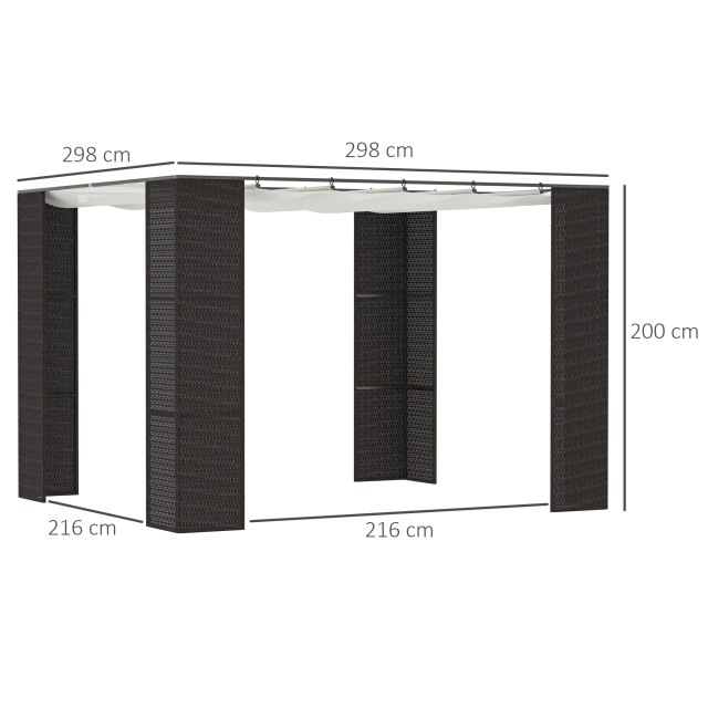 Outsunny Gazebo Garden Pergola με Συρόμενη Τέντα, Μεταλλική και Ρατάν Κατασκευή PE 2,98x2,98x2m, Μαύρο 84C-288BK