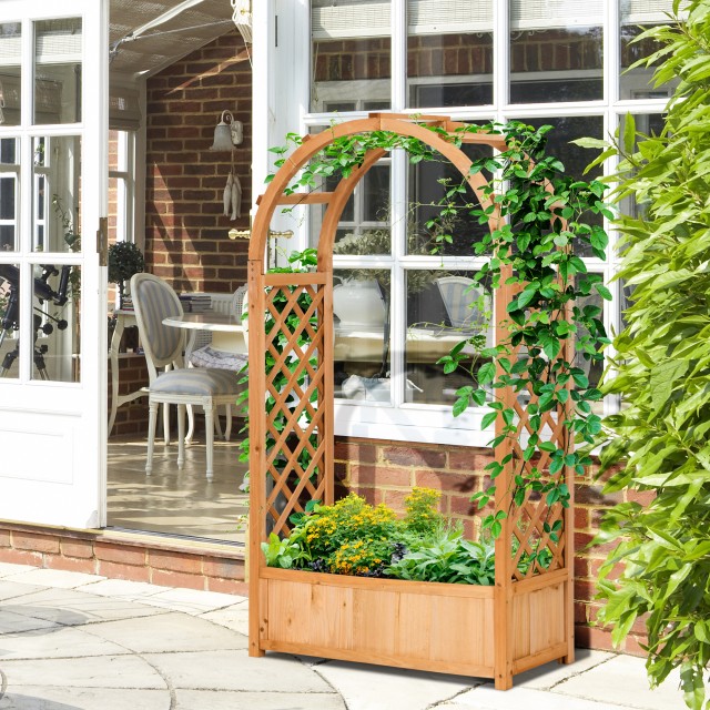 Outsunny Outsunny Outdoor Hollow Bottom Καφέ έλατο φυτευτή με διακοσμητικό τόξο και σχάρες αναρρίχησης, 83x36x152cm 845-777V00BN