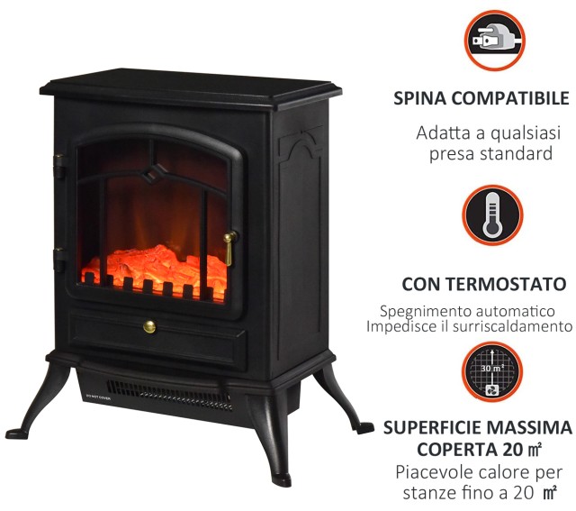 Ηλεκτρικό τζάκι δαπέδου HOMCOM με ισχύ φλόγας 1000W / 2000W σε Σίδερο και Γυαλί 45 28 54,8 εκ. Μαύρο 820-039