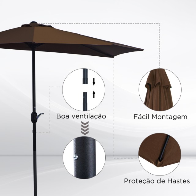 Outsunny Space-Saving Mezzaluna Wall Ombrella με άνοιγμα μανιβέλας, καφές 84D-007CF
